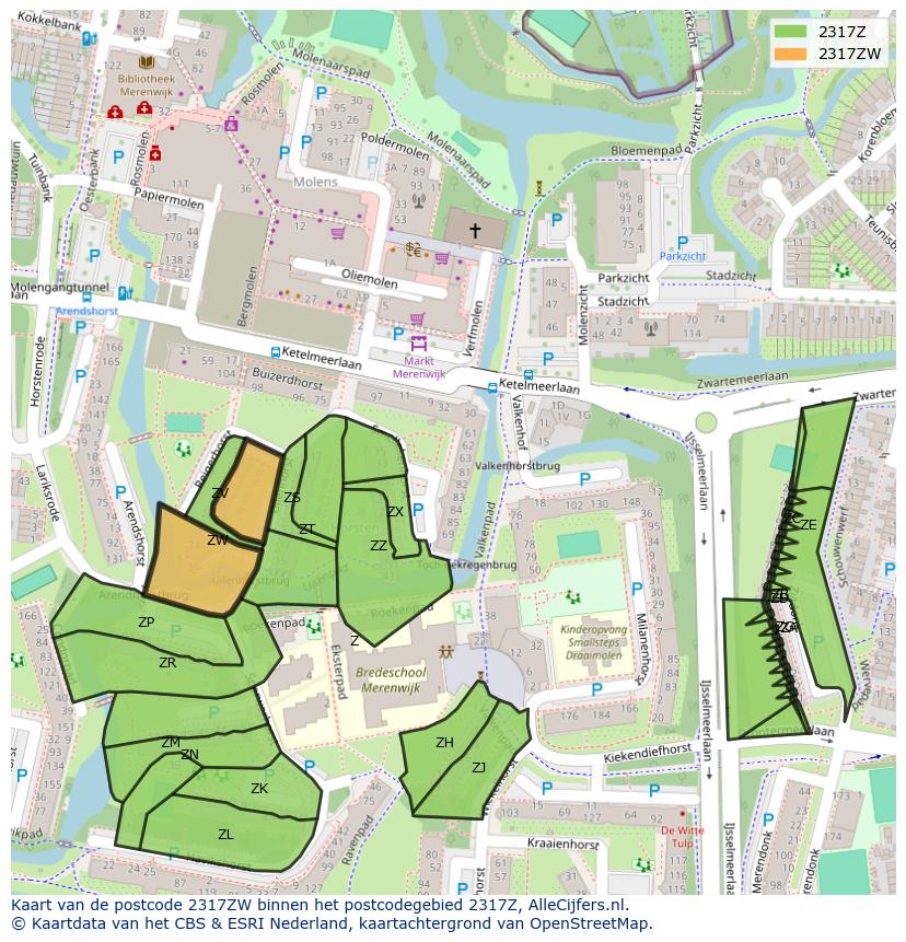 Afbeelding van het postcodegebied 2317 ZW op de kaart.
