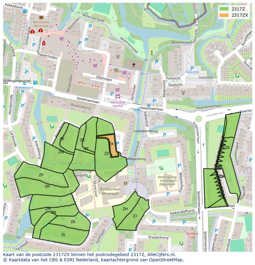 Afbeelding van het postcodegebied 2317 ZX op de kaart.