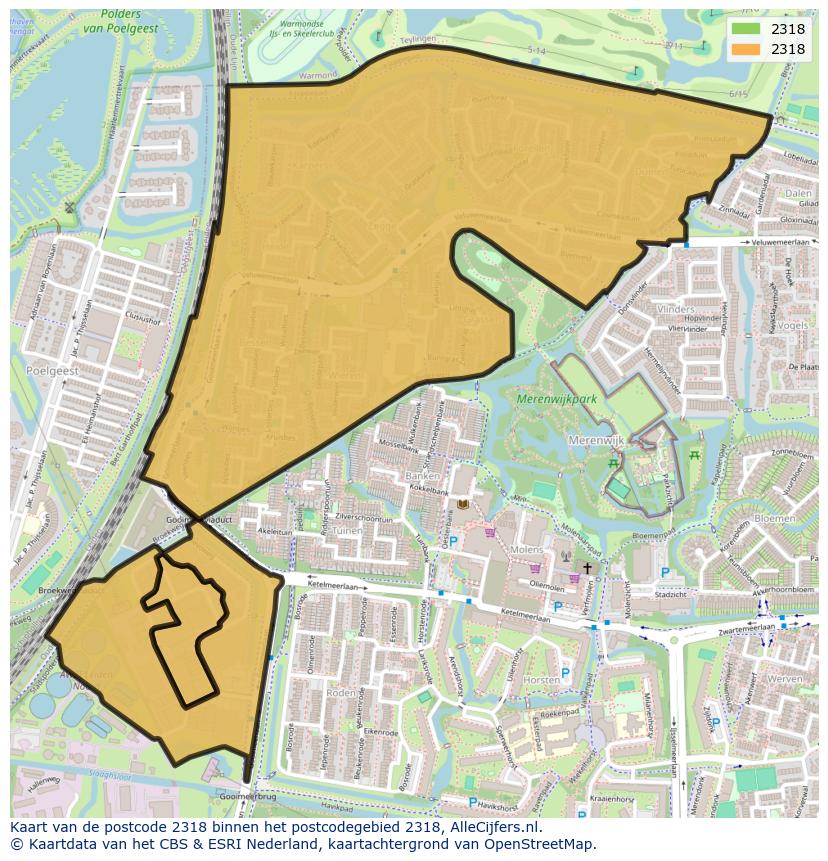 Afbeelding van het postcodegebied 2318 op de kaart.