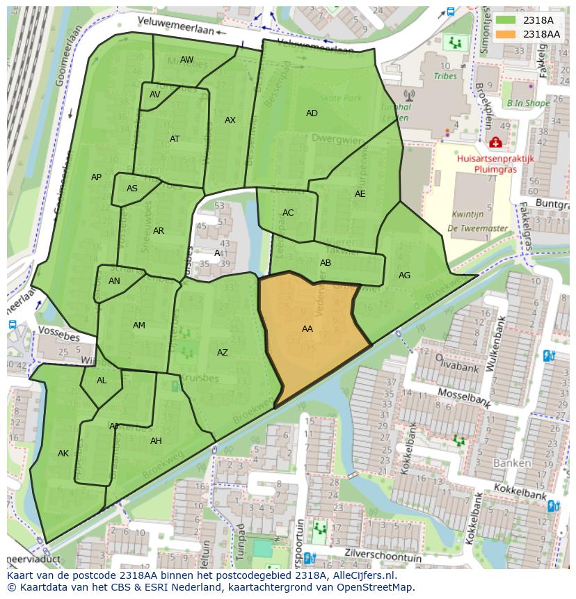 Afbeelding van het postcodegebied 2318 AA op de kaart.