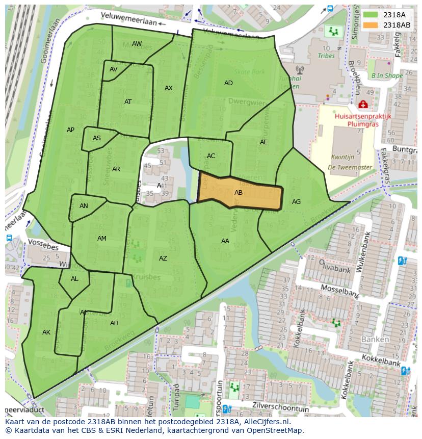 Afbeelding van het postcodegebied 2318 AB op de kaart.