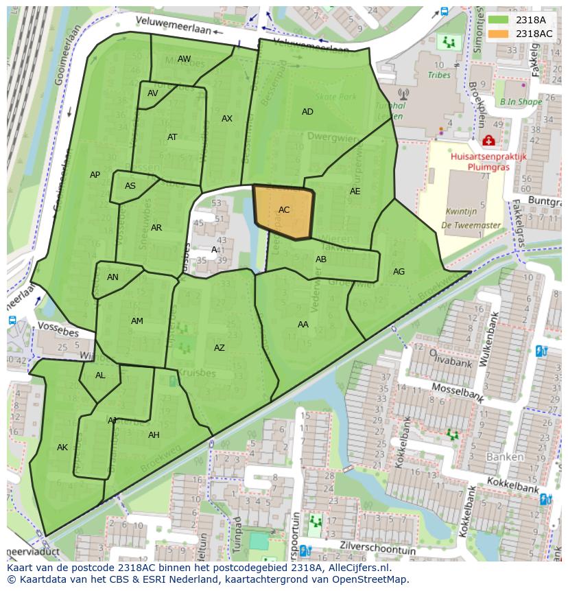 Afbeelding van het postcodegebied 2318 AC op de kaart.