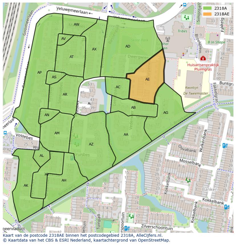 Afbeelding van het postcodegebied 2318 AE op de kaart.