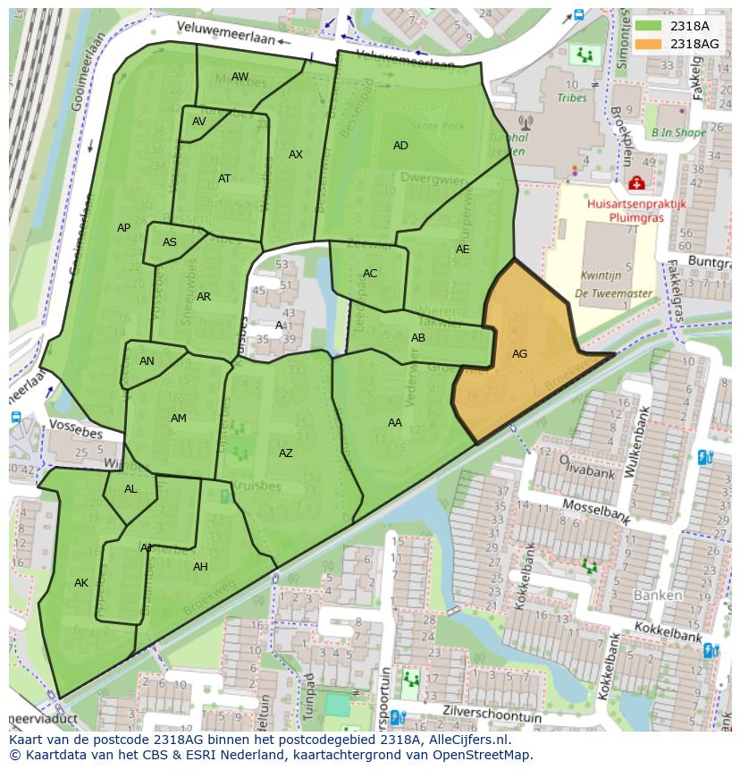 Afbeelding van het postcodegebied 2318 AG op de kaart.