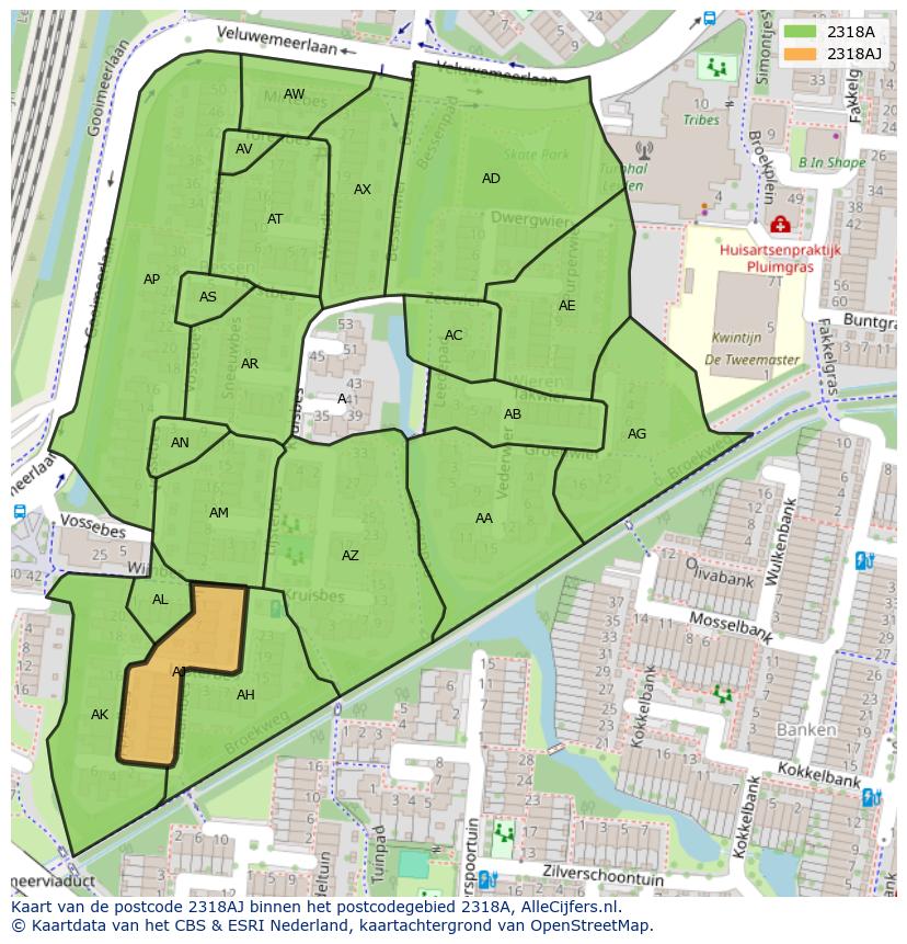 Afbeelding van het postcodegebied 2318 AJ op de kaart.