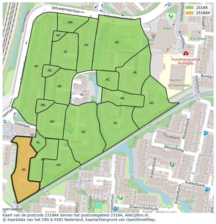 Afbeelding van het postcodegebied 2318 AK op de kaart.