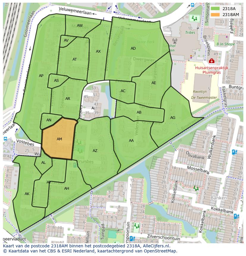 Afbeelding van het postcodegebied 2318 AM op de kaart.
