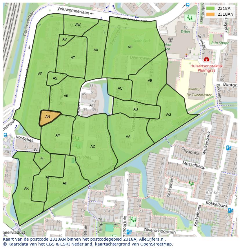 Afbeelding van het postcodegebied 2318 AN op de kaart.