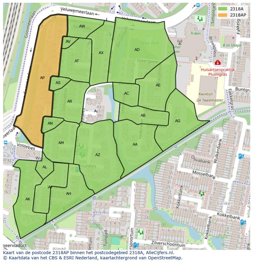 Afbeelding van het postcodegebied 2318 AP op de kaart.
