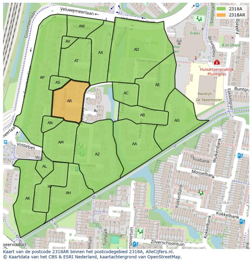Afbeelding van het postcodegebied 2318 AR op de kaart.