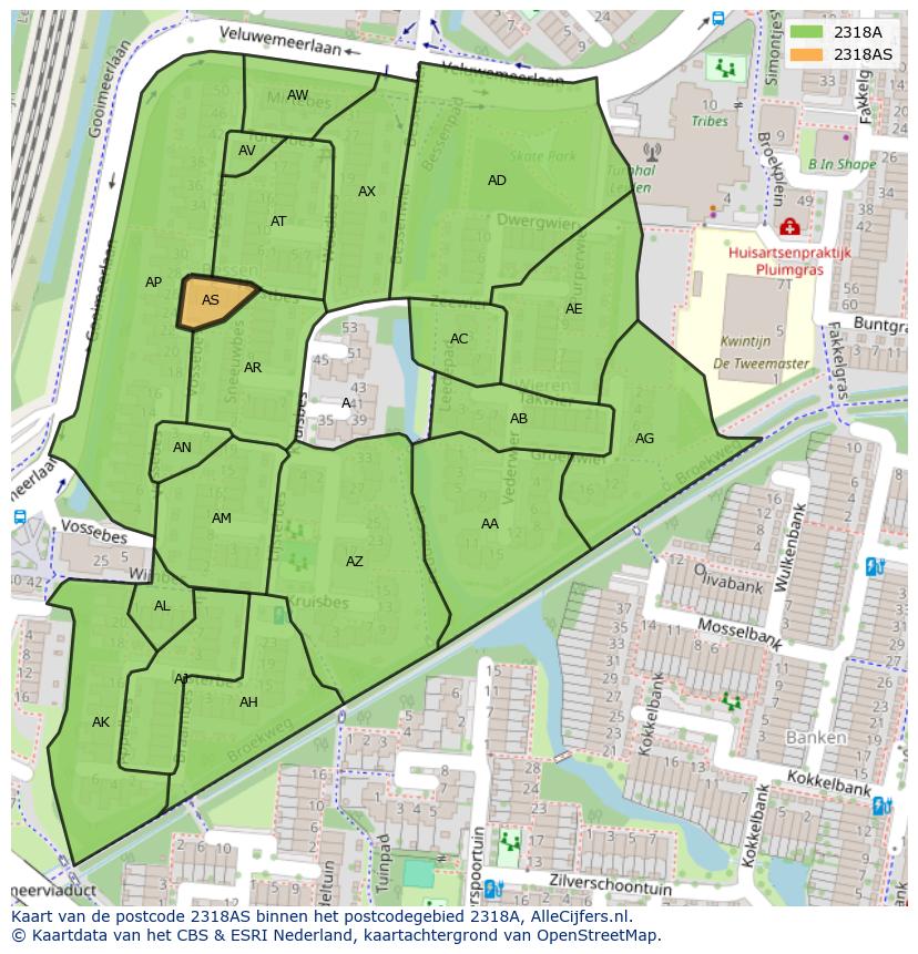 Afbeelding van het postcodegebied 2318 AS op de kaart.
