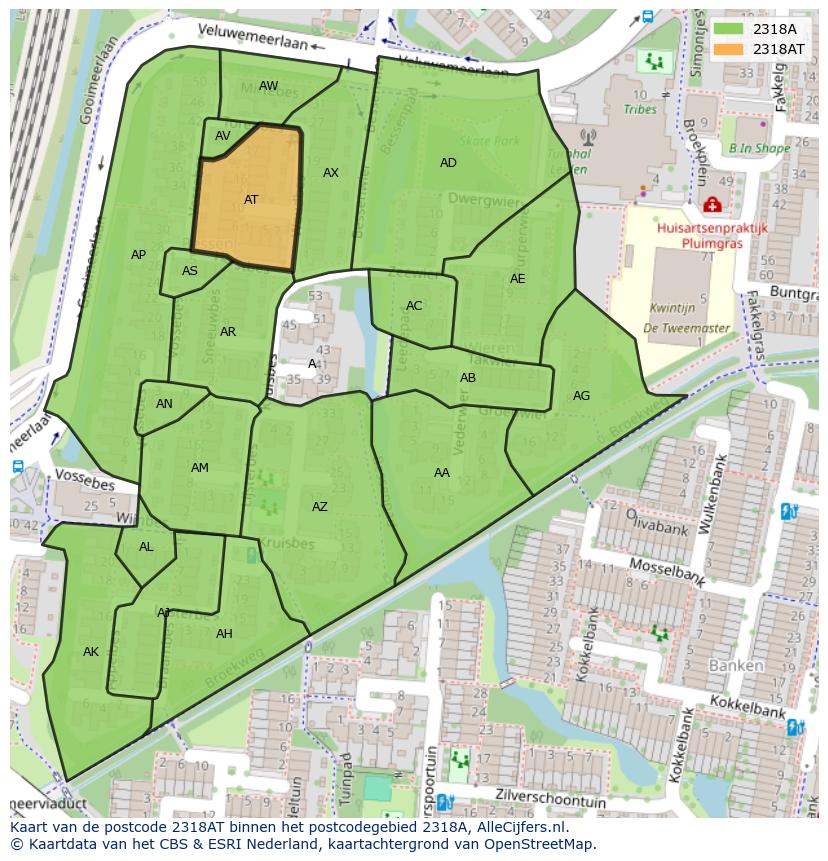Afbeelding van het postcodegebied 2318 AT op de kaart.