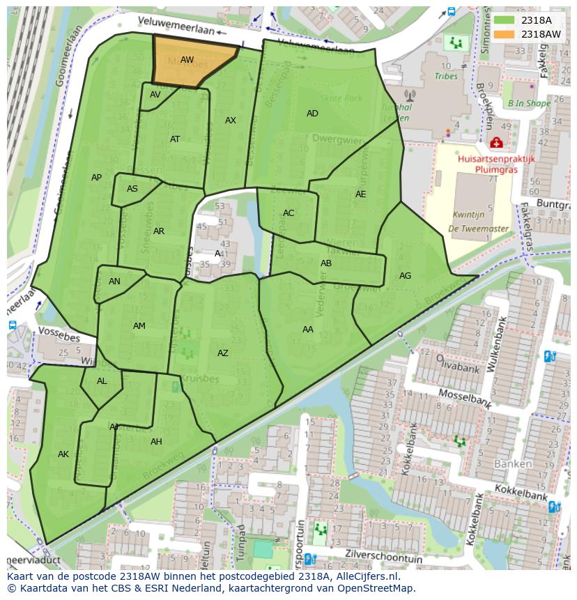 Afbeelding van het postcodegebied 2318 AW op de kaart.