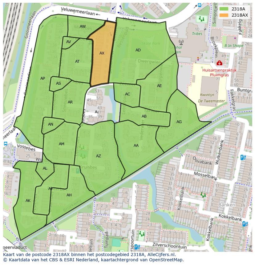 Afbeelding van het postcodegebied 2318 AX op de kaart.