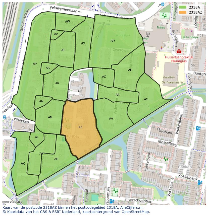 Afbeelding van het postcodegebied 2318 AZ op de kaart.