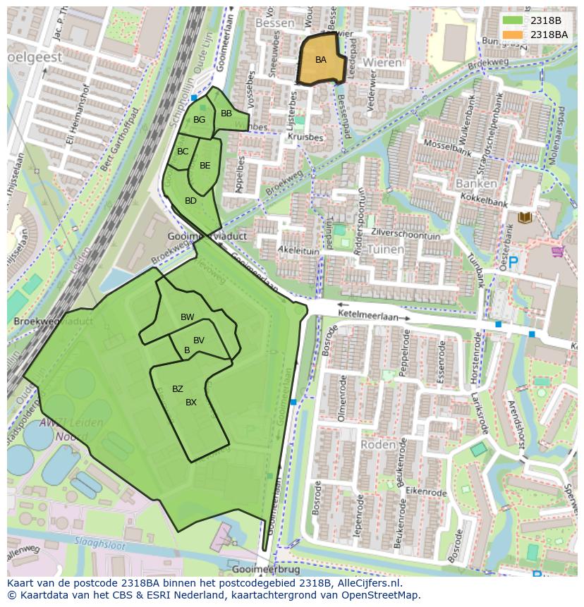 Afbeelding van het postcodegebied 2318 BA op de kaart.