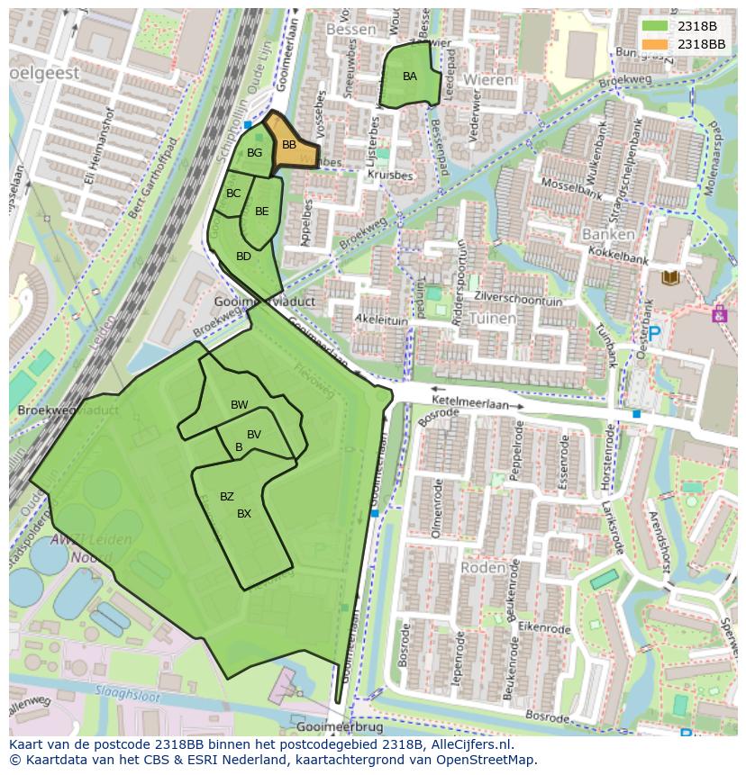 Afbeelding van het postcodegebied 2318 BB op de kaart.