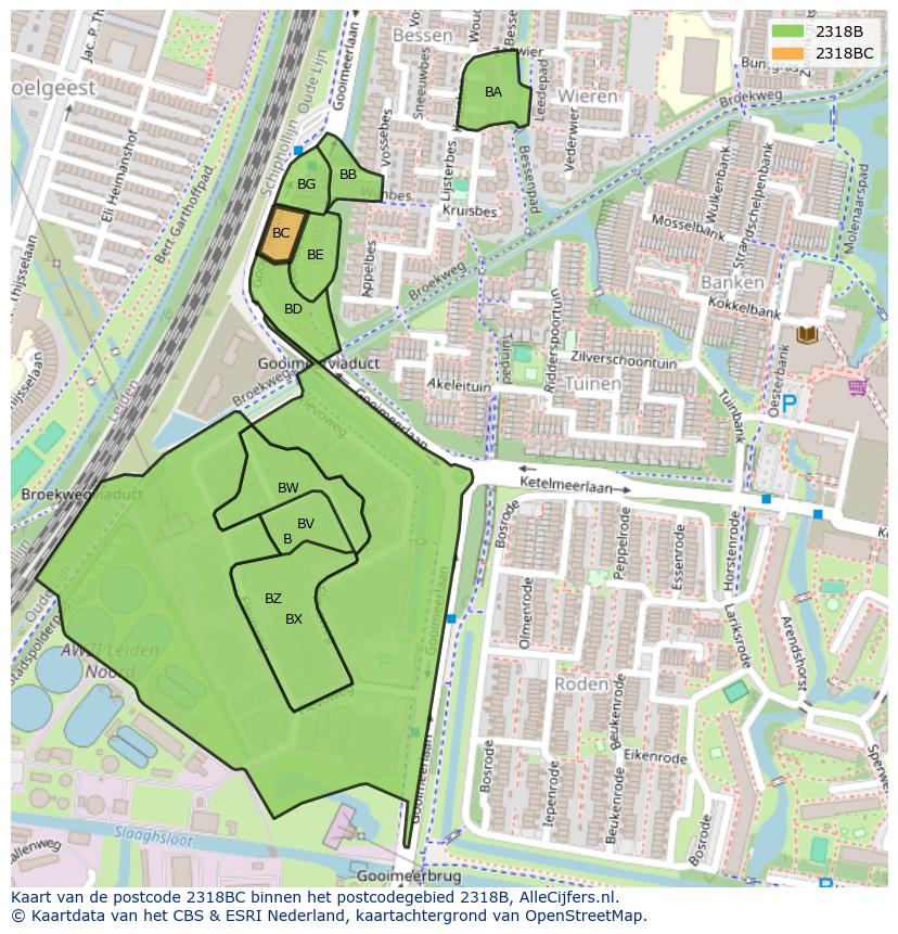 Afbeelding van het postcodegebied 2318 BC op de kaart.