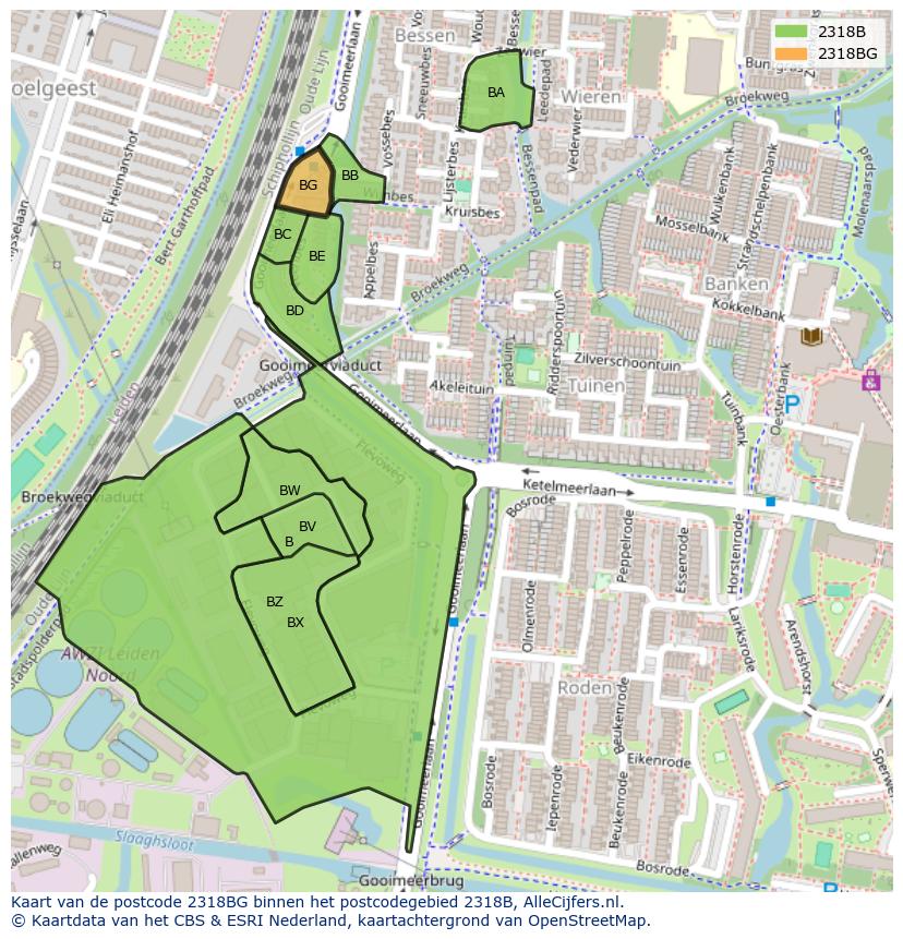 Afbeelding van het postcodegebied 2318 BG op de kaart.