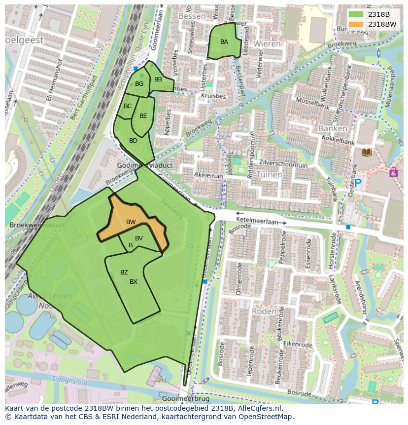 Afbeelding van het postcodegebied 2318 BW op de kaart.