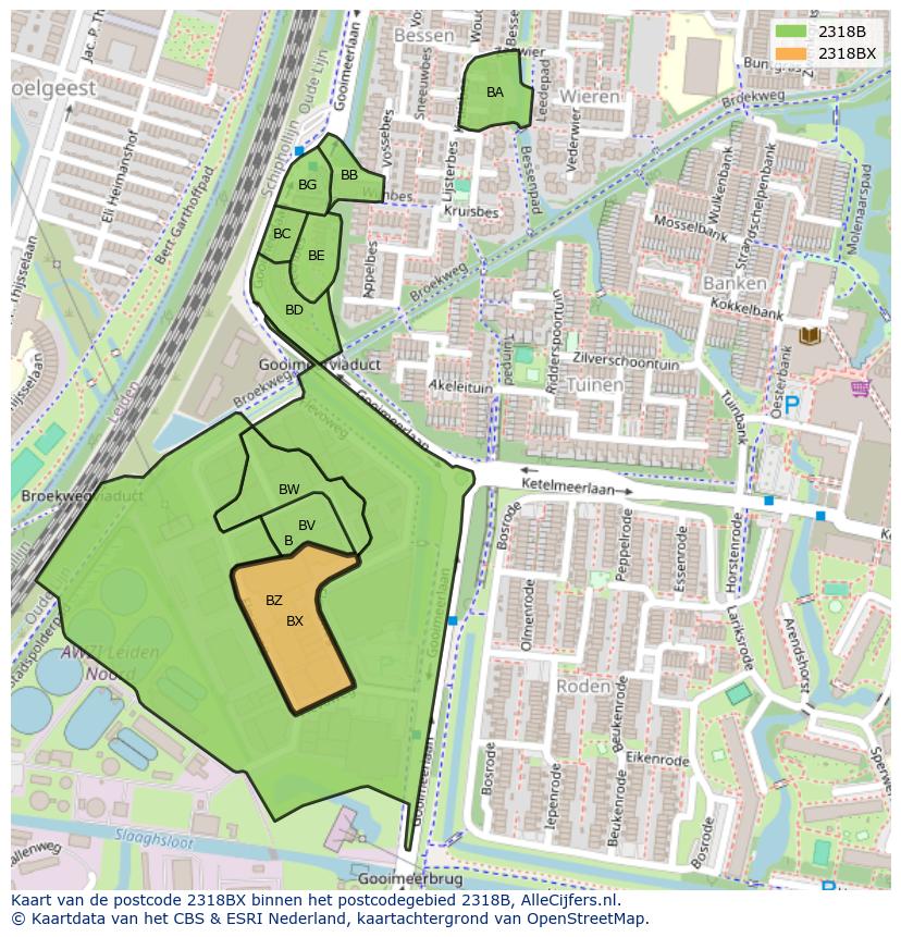 Afbeelding van het postcodegebied 2318 BX op de kaart.