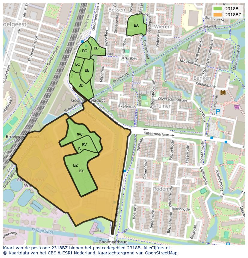 Afbeelding van het postcodegebied 2318 BZ op de kaart.