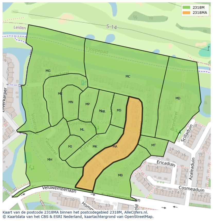 Afbeelding van het postcodegebied 2318 MA op de kaart.