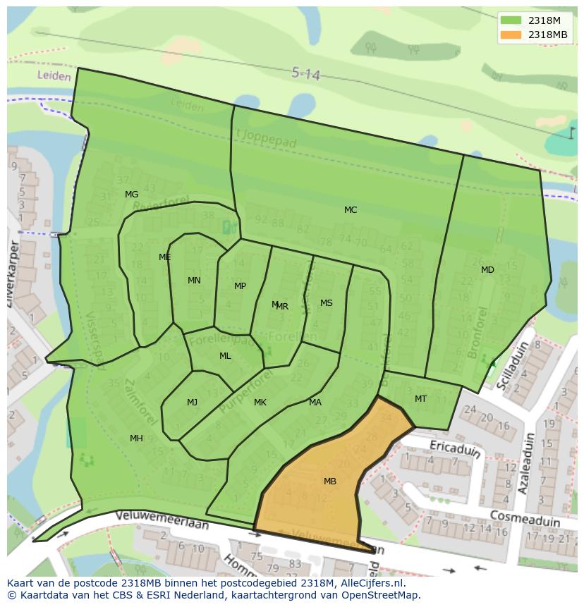 Afbeelding van het postcodegebied 2318 MB op de kaart.