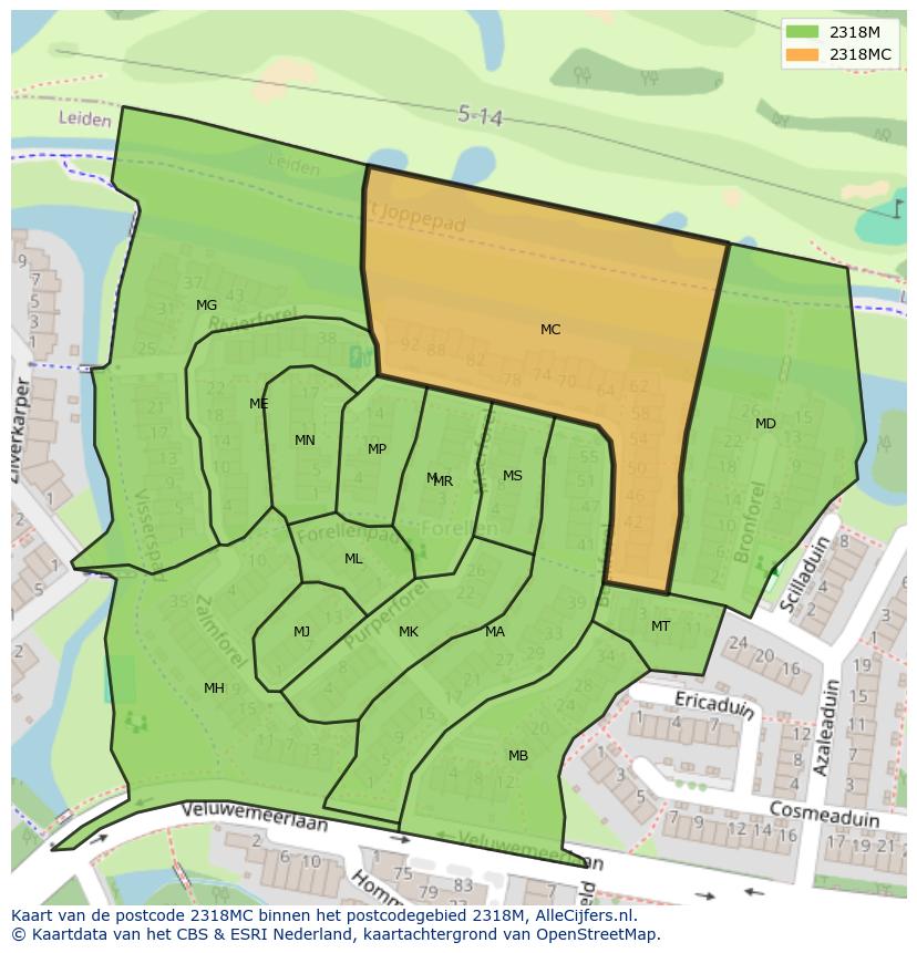 Afbeelding van het postcodegebied 2318 MC op de kaart.