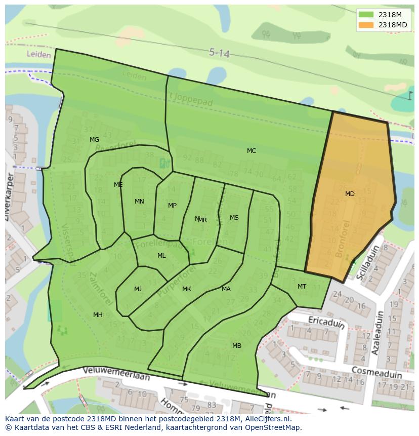 Afbeelding van het postcodegebied 2318 MD op de kaart.