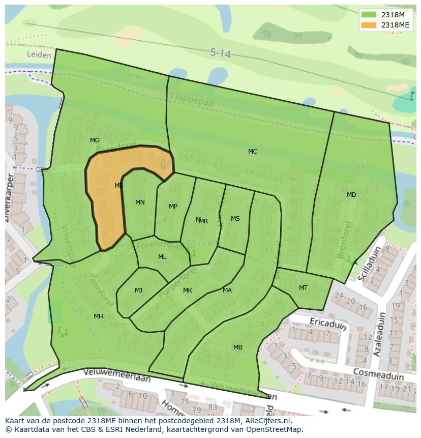 Afbeelding van het postcodegebied 2318 ME op de kaart.