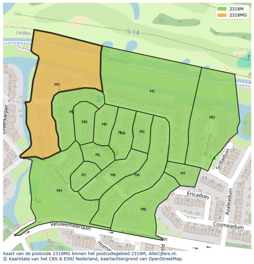 Afbeelding van het postcodegebied 2318 MG op de kaart.