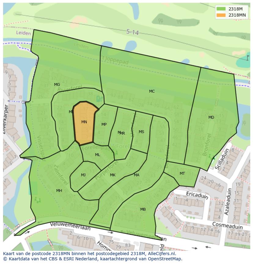 Afbeelding van het postcodegebied 2318 MN op de kaart.