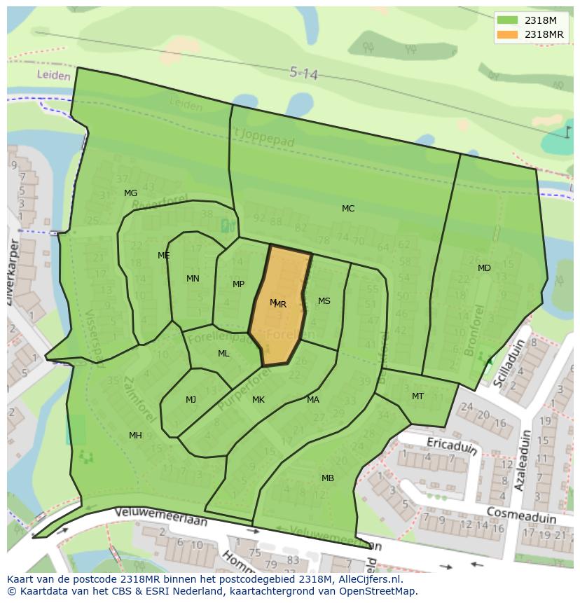 Afbeelding van het postcodegebied 2318 MR op de kaart.