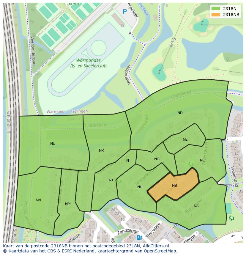 Afbeelding van het postcodegebied 2318 NB op de kaart.