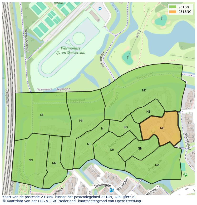 Afbeelding van het postcodegebied 2318 NC op de kaart.