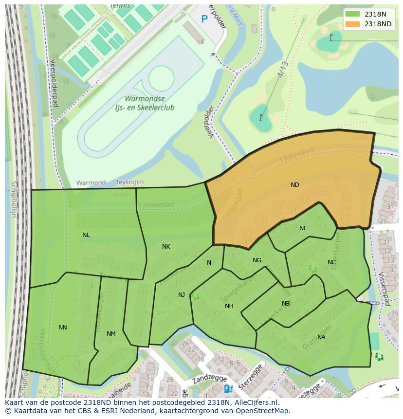 Afbeelding van het postcodegebied 2318 ND op de kaart.