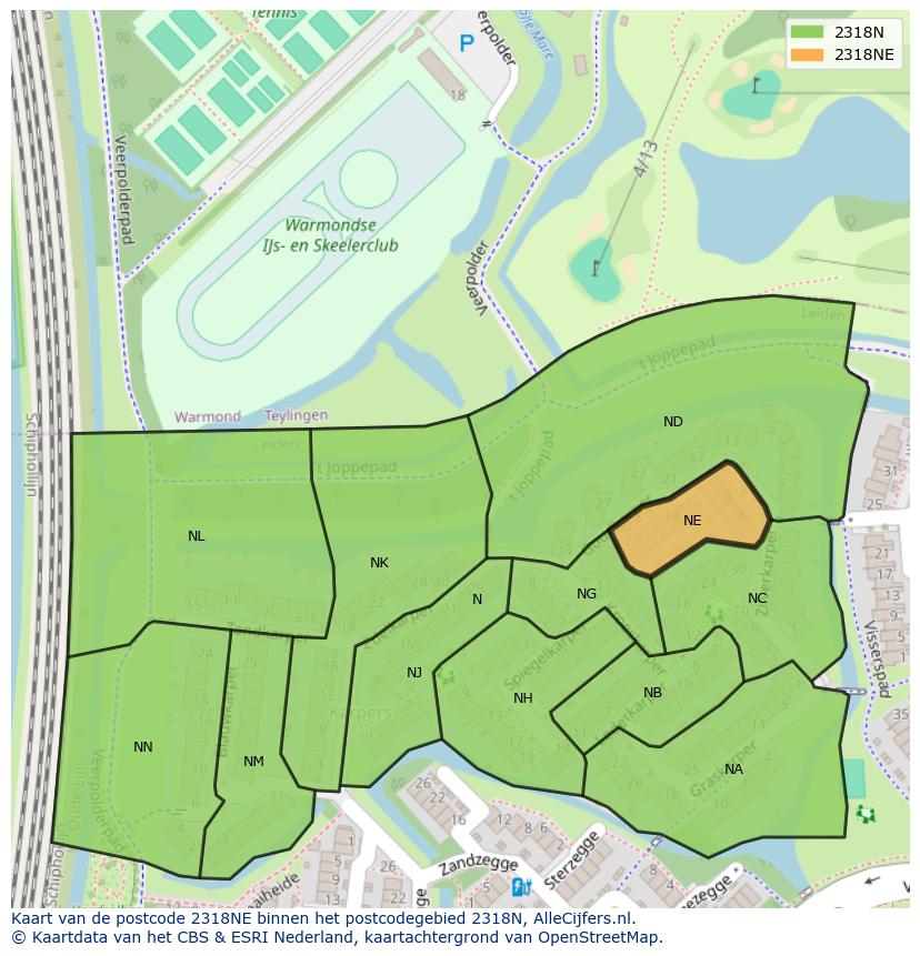 Afbeelding van het postcodegebied 2318 NE op de kaart.
