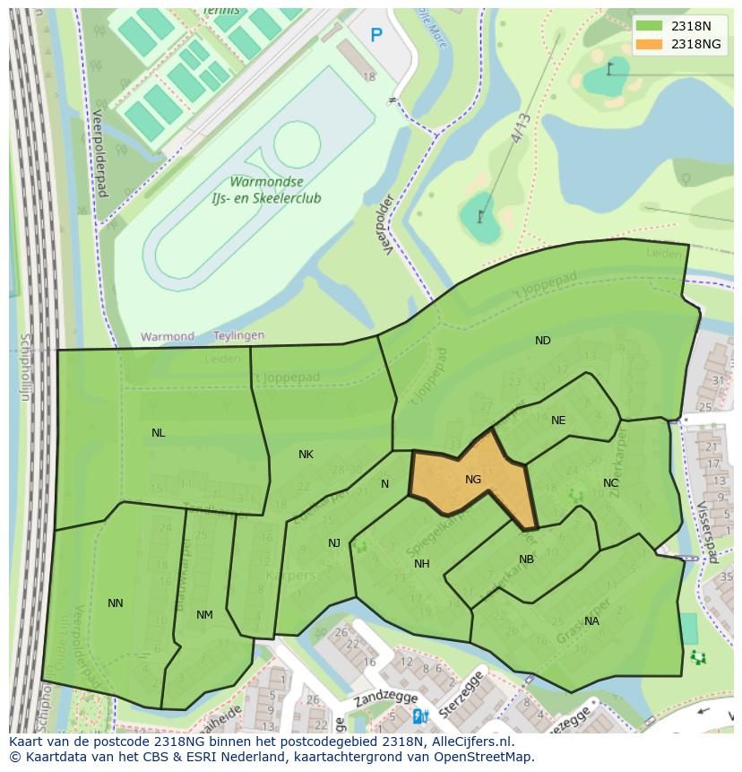Afbeelding van het postcodegebied 2318 NG op de kaart.