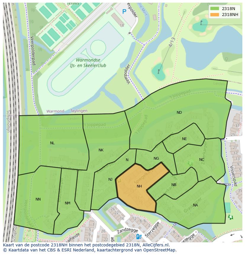Afbeelding van het postcodegebied 2318 NH op de kaart.