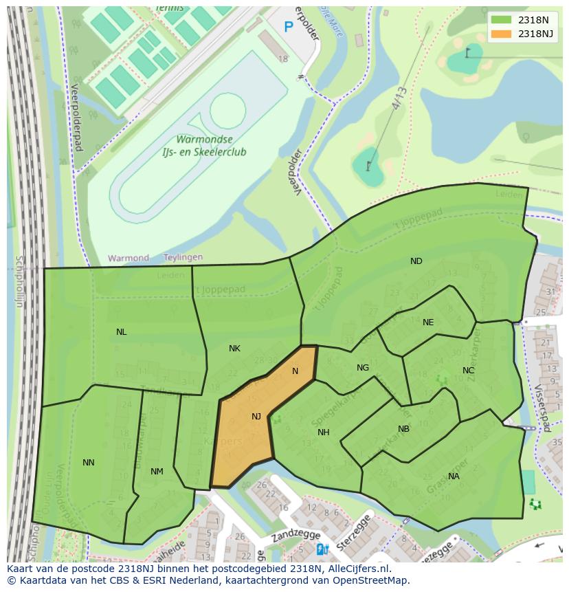 Afbeelding van het postcodegebied 2318 NJ op de kaart.