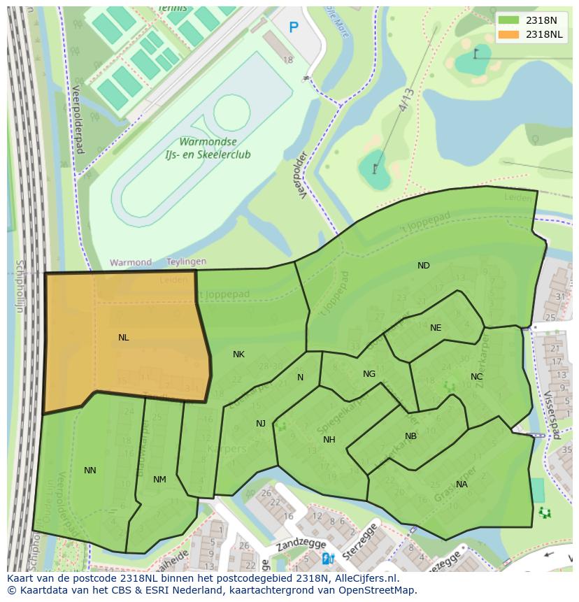 Afbeelding van het postcodegebied 2318 NL op de kaart.