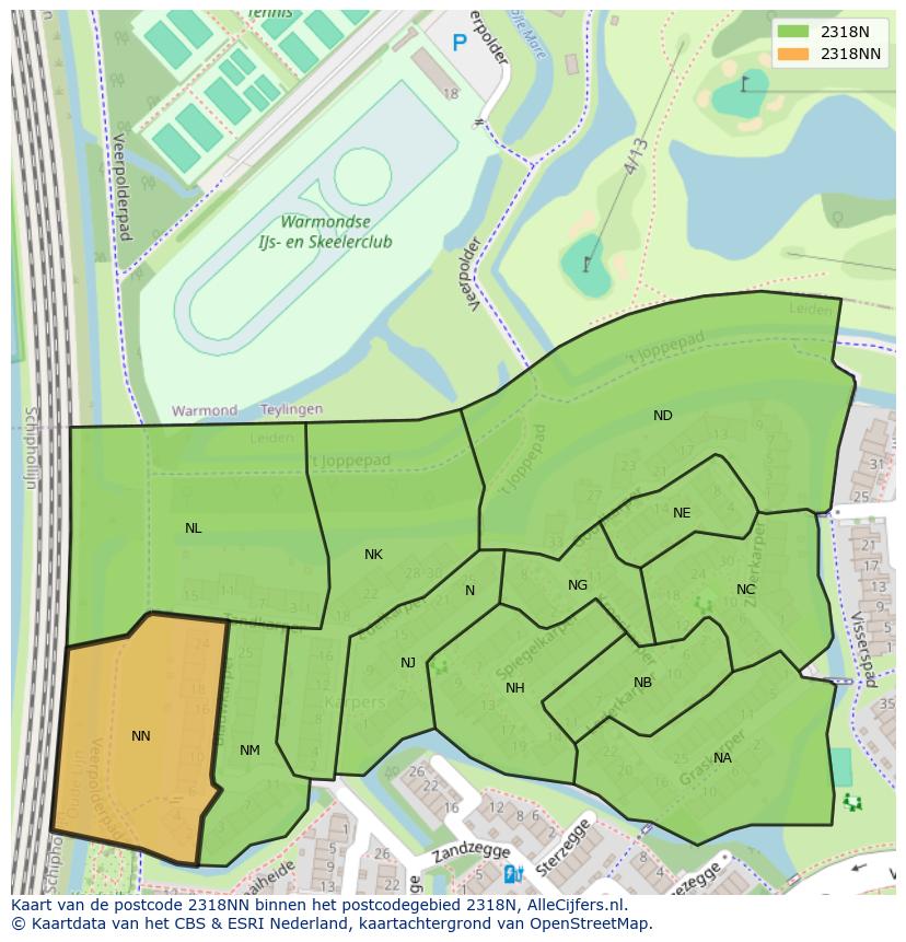 Afbeelding van het postcodegebied 2318 NN op de kaart.