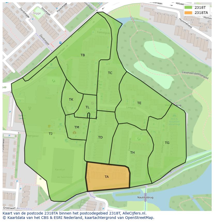 Afbeelding van het postcodegebied 2318 TA op de kaart.