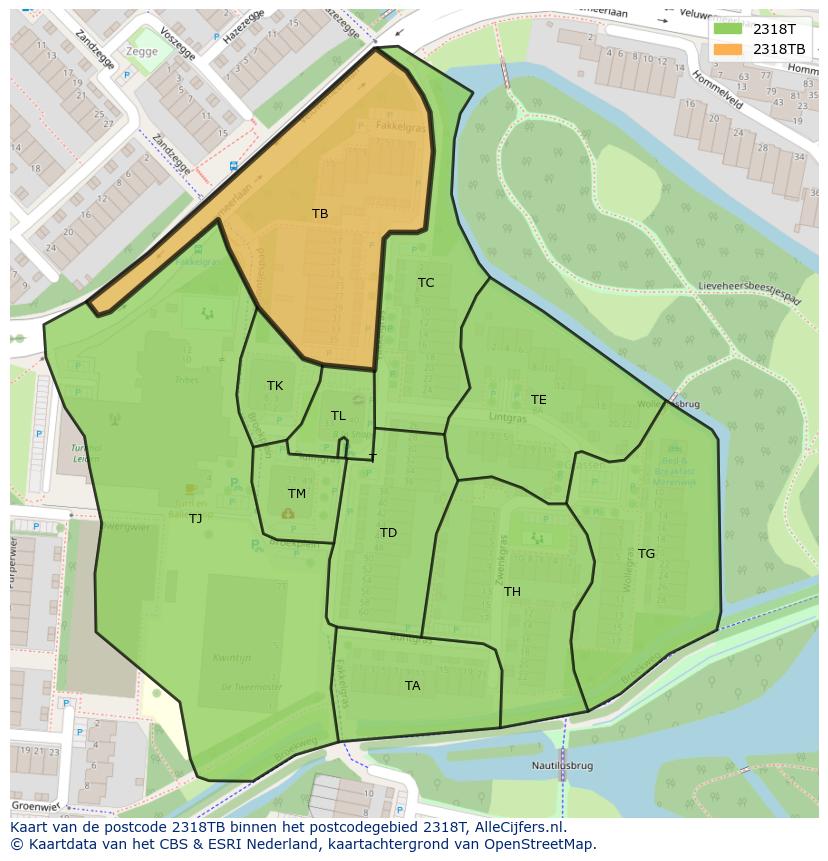 Afbeelding van het postcodegebied 2318 TB op de kaart.