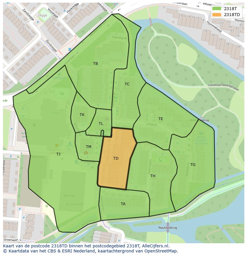 Afbeelding van het postcodegebied 2318 TD op de kaart.