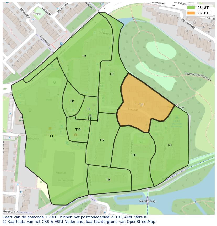 Afbeelding van het postcodegebied 2318 TE op de kaart.