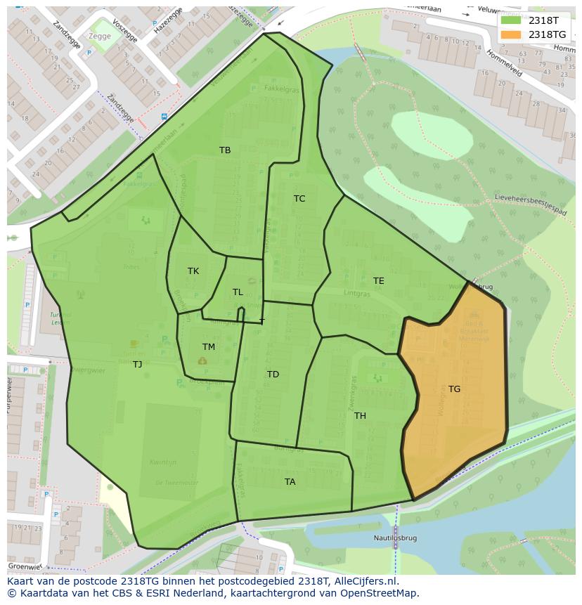 Afbeelding van het postcodegebied 2318 TG op de kaart.
