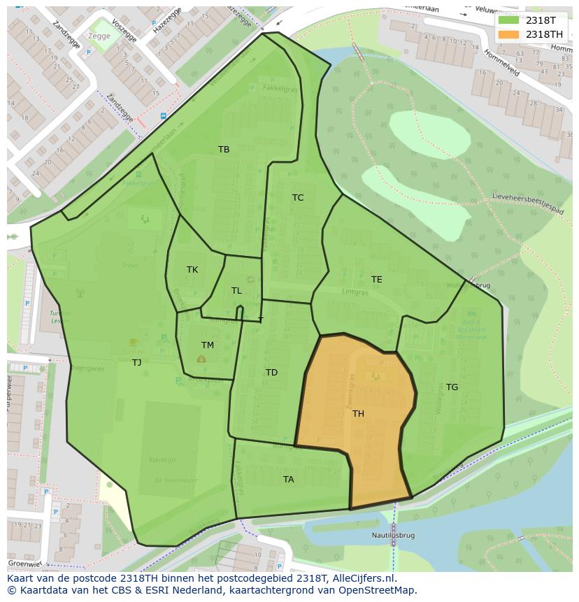 Afbeelding van het postcodegebied 2318 TH op de kaart.