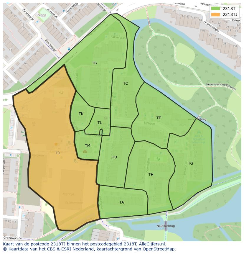 Afbeelding van het postcodegebied 2318 TJ op de kaart.